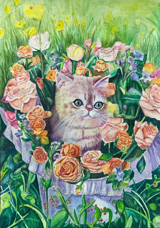 Student watercolour painting of a cat among colourful flowers