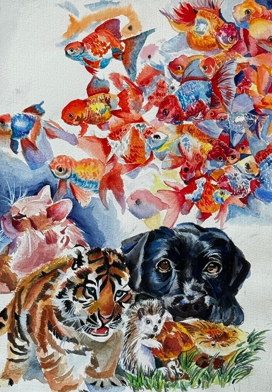 Expressive student watercolour studies of fish and animal portraits